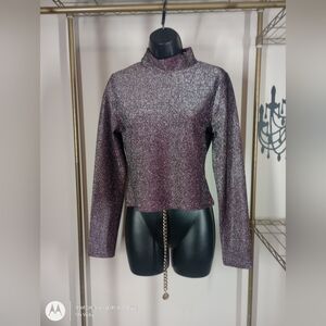 Crop Top. Derek Heart. Metallic Mock Turtle Neck. Purple. LG